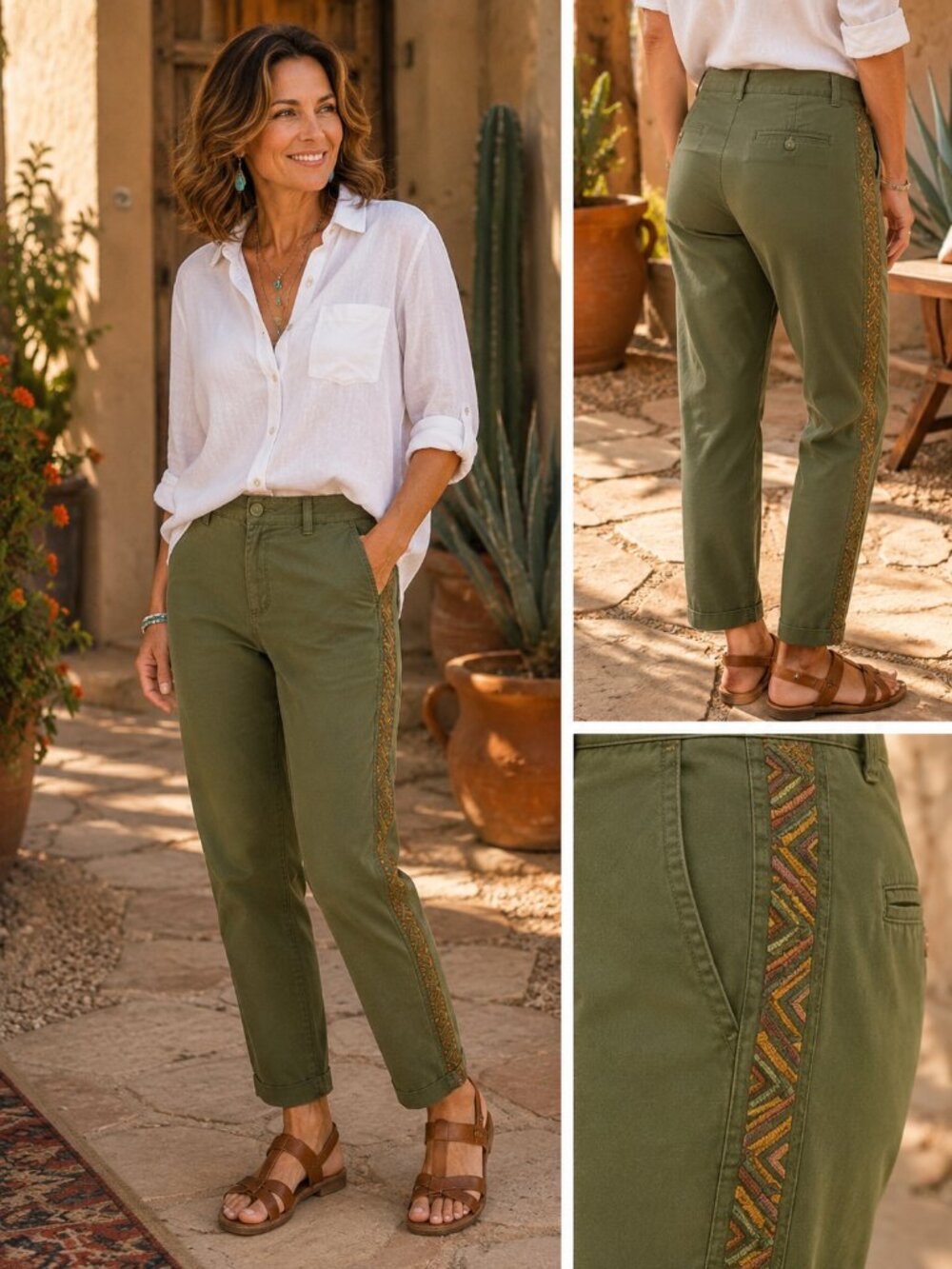 Coldwater Creek Hidden Stretch Embroidered Chinos Olive Green Ankle Pants 14